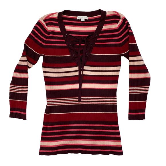 NEW YORK & CO Ribbed Knit Stripe Lace Up Long Sleeve Top Size Small Pink Purple - Picture 4 of 10